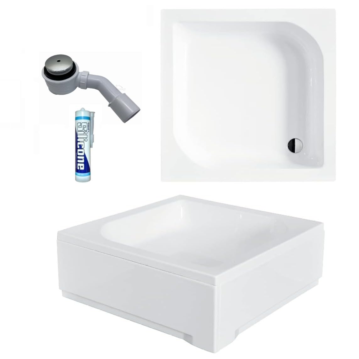 ECOLAM® Duschwanne 90x90 x 29,5 cm Tiefe 16,5 cm Duschtasse Ares Viereck quadratisch Acryl weiß + Siphon + Silikon