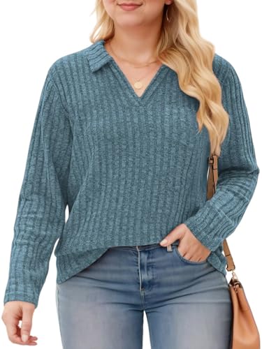 Image of VISLILY Womens-Plus-Size-Tops Collared V Neck Polo Shirts Lightweight Long Sleeve Sweaters Trendy Pocket Decor Tunic Blouses