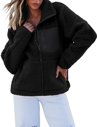 luvamia Sherpa Jackets for Women Trendy Zip Up Long Sleeve Winter Fall Casual Warm Fleece Coat Jackets with Pockets Black Teddy Jacket Black Size Medium Fits US 8-10