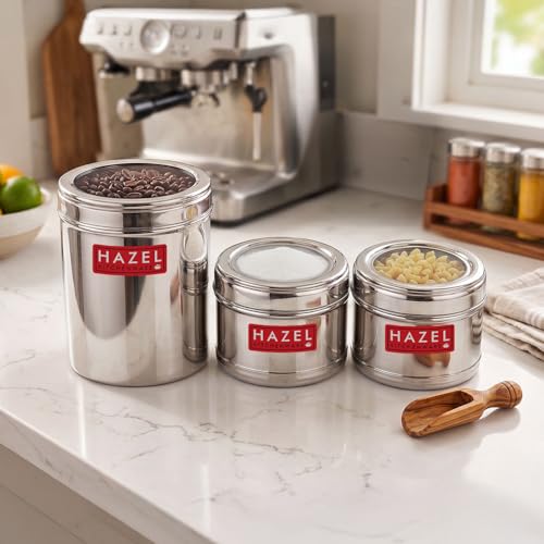 Image of HAZEL Stainless Steel Kitchen Containers Set of 3 | Top See Through Stainless Steel Airtight Masala Box for Kitchen Storage with Airtight Lid, Silver