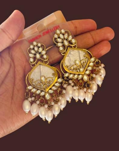 Image of Traditional 20K Gold Plated Kundan Chandbali Earrings with Black Beads and Faux Pearls for Women - Ethnic Wedding & Partyy Wear Statement Jewelry