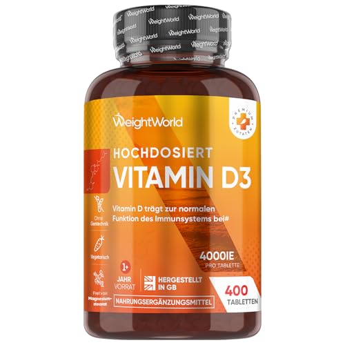 Vitamin D3 4000 IE - 400 Tabletten - Vitamin D trägt zur Erhaltung normaler Knochen (EFSA)- 1 Tablette alle 4 Tage - Frei von Magnesiumstearat, Ohne Zusatzstoffe, Vegatarisch - WeightWorld