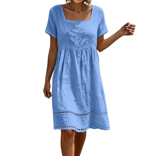 Image of Linen Dresses for Women UK Oversized Italian Cotton Linen Dress Short Sleeve Square Neck Midi Dresses Plain Casual Loose Sundress Summer Beach Boho Swing Knee Length Dress Blue
