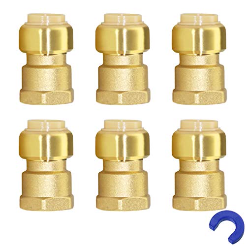 1/2-Inch Push-to-Connect FNPT Female Adapter, Straight Connector Plumbing, PEX Pipe Fitting with 1/2\" Disconnect Clip, Brass Pushfit Fittings Plumbing Pipe Connector for PEX, Copper, CPVC(1/2\" 6-PACK)