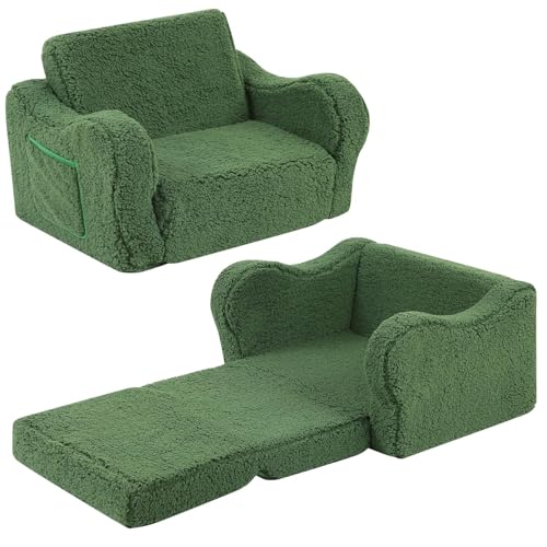Image of MOMCAYWEX Kids Sofa, 2-in-1 Flip-Out Foam Couch with Soft Sherpa Cover, Cozy Play Lounge Chair, Green