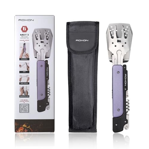 Image of ROXON S601 14 inch 6 in 1 MBT3 Folding Grill Utensils Set Fork Spatula Grilling Knife Tongs Opener for Backyard Barbecue and Camping (Purple)