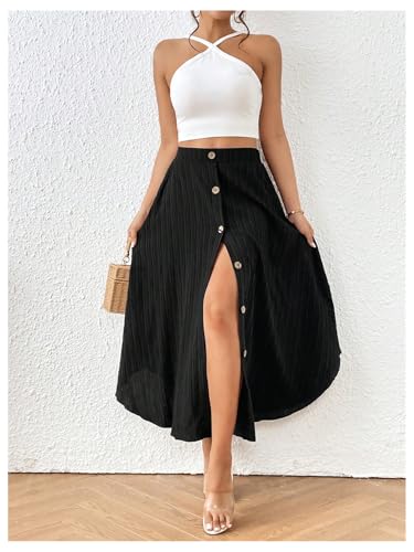 SweatyRocks Women's A Line Skirts High Waist Button Front Flared Midi Skirts Work Outfits4