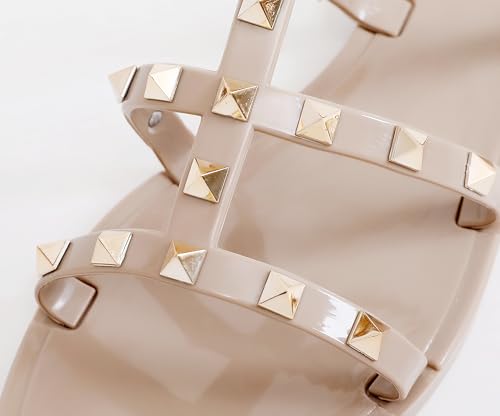 Studded Sandals for Womens Jelly Shoes Flats Stud Slides Slip On Ladies Dress Black Jellies Slippers Summer Beach with Rivets Open Toe3