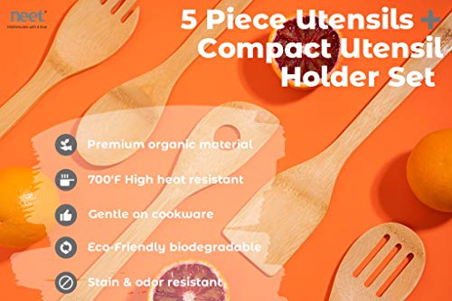 Neet Wooden Spoons For Cooking 6 Piece Organic Bamboo Utensil Set With Holder Wood Kitchen Utensils Spatula Spoon For High Heat Stirring In Nonstick Pots & Pans Quality Gift & Everyday Use #TOP3