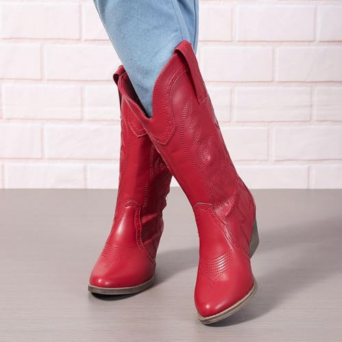Image of SelRoys Cowboy Boots for Women Cowgirl Mid Calf Western Pointy Toe Boots Embroidered Stitched Chunky Heel Red Brown US5-11