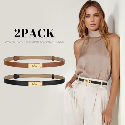 Women Skinny Leather Belt for Dresses Jeans Solid Color Alloy Turn Lock 2 Pack3
