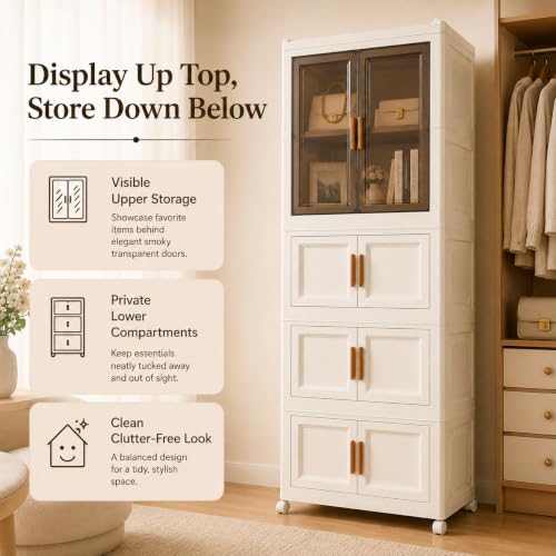 Image of KRISHYAM 4-Tier Plastic Storage Cabinet with 1 Transparent Door & Wheels, Smoky Translucent Doors, Multipurpose Clothes Organizer for Bedroom & Home, 159 x 69 x 34 cm