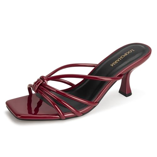 LOOPCHARM Women's Strappy Square Open Toe Kitten Heels Sandals Knotted Design Summer Fashion Slip On Mule Style,BURGUNDY PU,8