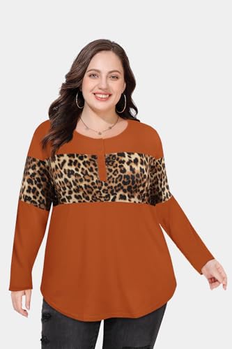 Image of CARCOS Plus Size Tops for Women Long Sleeve Fall Tunic Color Block Camo /Plaid /Leopard /Fall Blouse Crewneck Tshirt XL-5XL