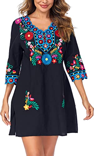 YZXDORWJ Women Embroidered Mexican V Neck Floral Dress Long Sleeve Floral Traditional Bohemian Dress3
