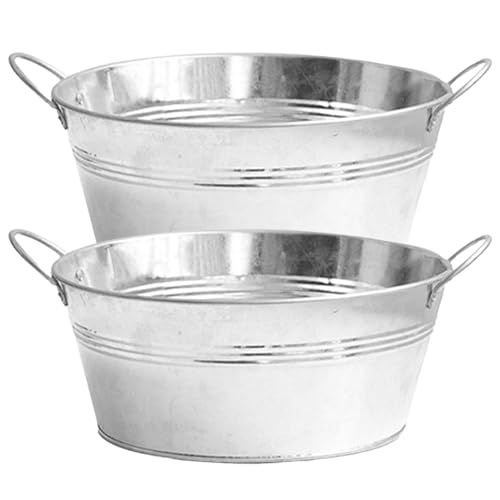 Plantador galvanizado 2 PPC bañera galvanizada redonda grande con manijas resistentes 9.76x4.33 pulgadas de metal de metal bañera para plantar, bebidas más frescas, cubo de hielo, maceta de metal