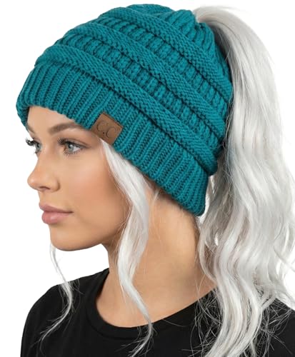 Funky Junque Ponytail Beanie for Women – Ponyback Winter Hat with Soft Stretch Cable Knit Design, High Pony Messy Bun Hats for Running and Cold Weather Activities - Teal