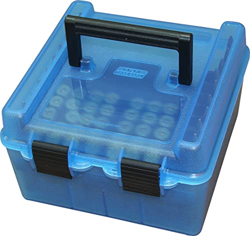 MTM Case-Gard R-100-MAG-24 Deluxe Ammo Box, 100 Round, Fits Regular Mag WSM WSSM Ultra Mag, Sauh, Handle, Lockable, USA Made, Clear Blue by MTM - Used condition - US$19.14