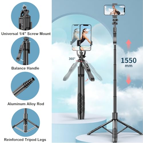 60" Selfie Stick Phone Tripod - Extendable Selfie Stick Tripod Stand with Remote 360° Rotating Portable Travel Tripod Phone Stabilizer for iPhone Android Camera Video Recording Vlogs - Image 3