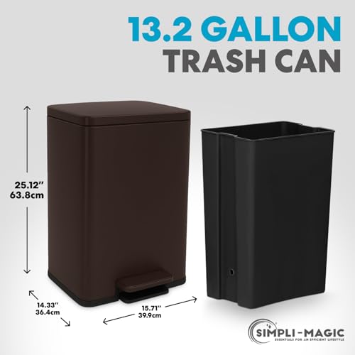 Image of Simpli-Magic 50 Liter / 13.2 Gallon Soft-Close, Smudge Resistant Trash Can with Foot Pedal and Built in Filter- Brown