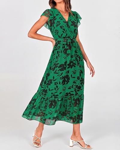 Image of BTFBM Women Summer Bohemian Floral Casual Wrap V Neck Ruffle Cap Sleeveless Belt A-Line Pleated Hem Midi Sun Dress White
