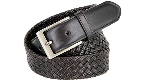 BL035 Brushed Plated Buckle Cross-weaved Genuine Leather Dress Belt 1 3/8"3