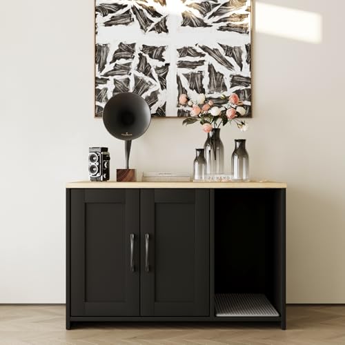 Caixa de areia para gatos, móveis de caixa de areia oculta com 2 portas, banheiro de madeira para ga