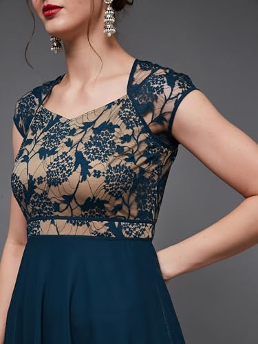 Image of Miss Chase Women's Round Neck Cap Sleeves Lace Knee -Long Skater Dress