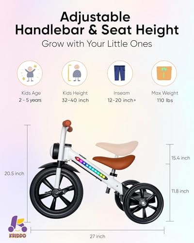 Image of KRIDDO Kids Tricycle, 12 Inch Puncture Free Wheel w Front Light, Adjustable Seat Height, Gift for 2-5 Year Olds, WhiteLED