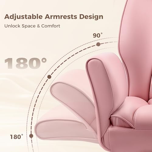 Image of Big and Tall Office Chair, Flip Armrests for Pets & Cross Legged Sitting, Ergonomic Leather Executive Desk Chair with Foot Rest, High-Back Reclining Computer Chair for Home Gaming, Peach Pink