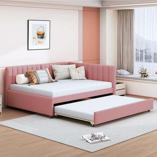 Merax Upholstered Daybed with Trundle, Full Size Sofa Bed Frame, No Box Spring Needed, Linen Fabric, Pink -  SY3298