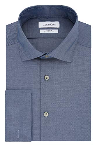 Calvin Klein Men's Dress Shirt Slim Fit Non Iron Solid French Cuff, Navy, 16.5