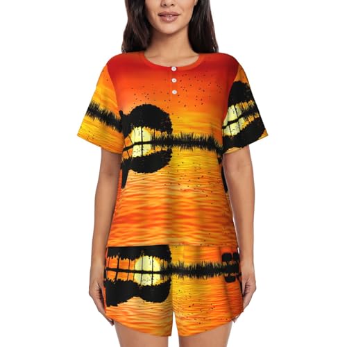 Pyjama court femme imprimé guitare lac en textile doux