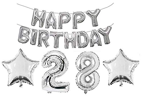 Haven's treasure® "28th HAPPY BIRTHDAY" FOIL BALLOON SILVER+STAR Name Decoration Letter Foil Balloon Letter Balloon (Silver, Pack of 17) (28 HBY SILVER)