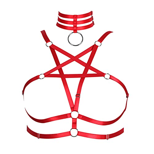 BBOHSS Femmes Corps Harnais Pentagramme Mode Soutien-Gorge Lingerie Cage Ceinture Grande Taille élastique Punk Gothique Carnaval Halloween Danse Costume (Rouge)