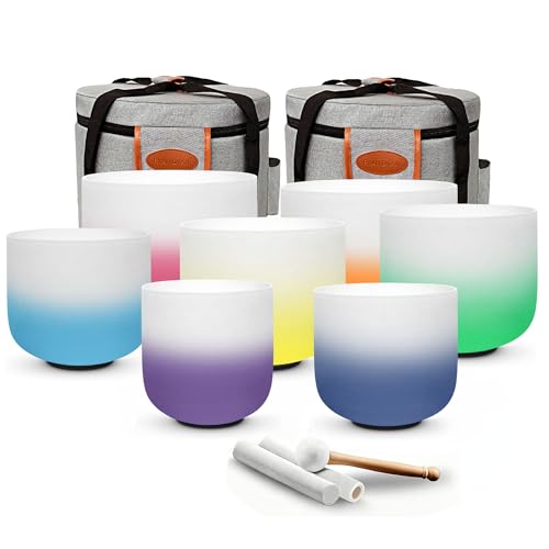 Ryan Dvan 432Hz 7'-12' Set of 7 Crystal Singing Bowl Set – Gradient Color Quartz Bowls for Chakra Healing, Meditation, Sound Bath & Yoga.Sound Therapy Tools with Suede Mallets & O-Rings.