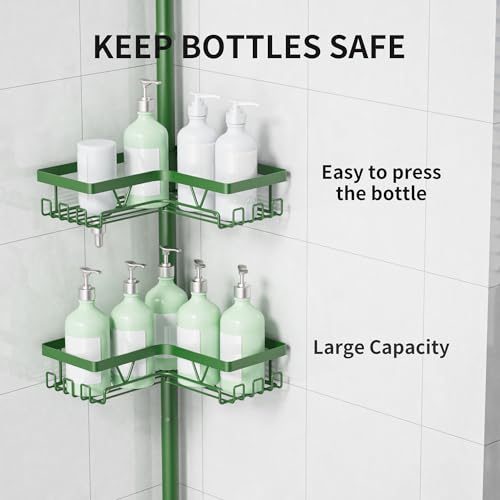 Image of KEGII Shower Caddy Tension Pole, 4-Tier Rustproof Adjustable Corner Bathroom Organizer for Renters, 25-114.2 Inch No Drill Space-Saving Shower Storage Rack, Emerald Green