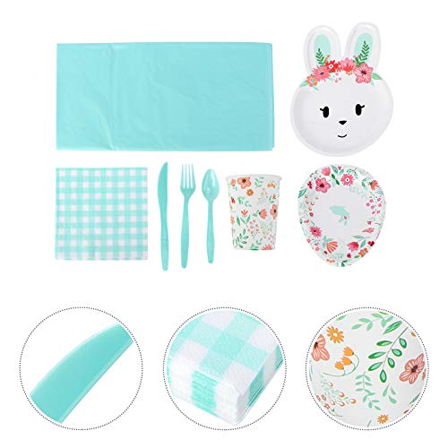 Amosfun Easter Party Supplies Disposable Bunny Paper Plate Cup Fork Spoon Tissue Tablecloth Cartoon Rabbit Baby Shower Birthday Bridal Shower Tea Party Favors (Green) Dessert Paper Plates #TOP7