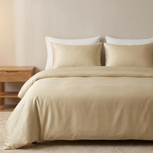 HeimenAogo Egyptian Cotton Duvet Cover Queen Size Sateen Weave, Silky Soft and Breathable Bedding Set with Zipper Closure, Extra-Long Staple Cotton Comforter Cover Cream 3Pcs 90"×90"