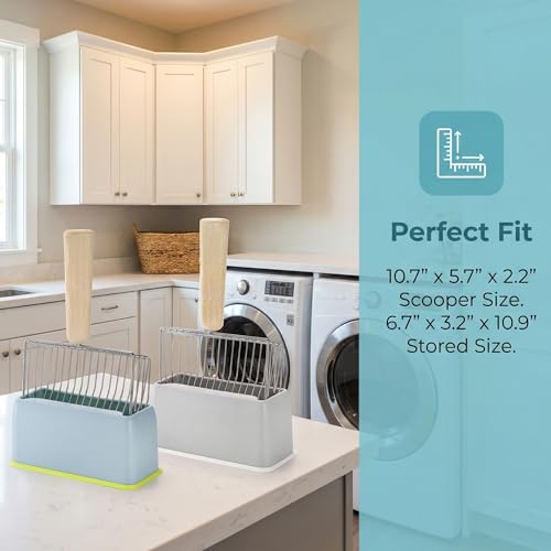 Image of Hiceeden 2 Pack Fast Sifting Cat Litter Scoop with Stand, Metal Kitty Litter Scoop Holder with Wooden Handle, Easy Clean Cat Poop Scooper for Kitten Litter Box, Gray and Blue