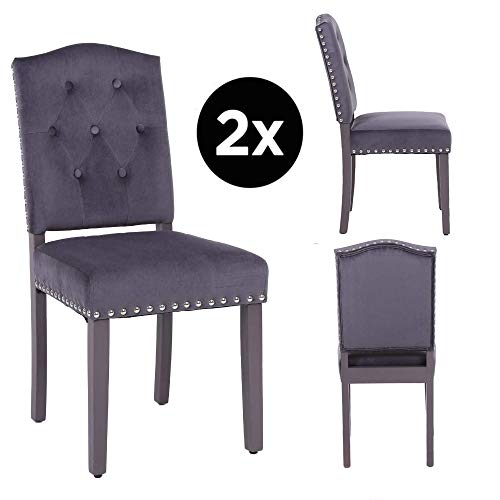 PS Global - Juego de 2 sillas de Comedor con Respaldo de botón, con Tachuelas cromadas, de Terciopelo, para Cocina, Comedor, hogar, Patas pintadas en satén Gris, fácil de Montar (Gris Oscuro)