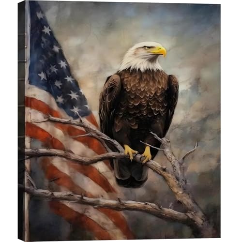 Image of Framed Bald Eagle American Flag Wall Art, Patriotic Rustic Canvas Art Pictures, USA Eagle Wall Decor, Made in USA Ready to Hang for Office Man Cave Living Room