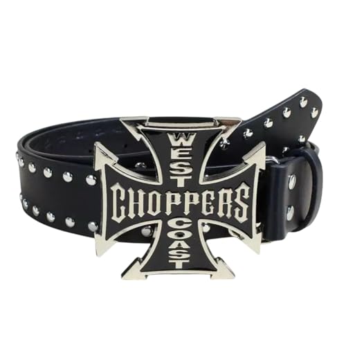 Studded Leather Belt with West Coast Choppers Cross Buckle – Adjustable Punk Biker Waist Strap for Men & Women