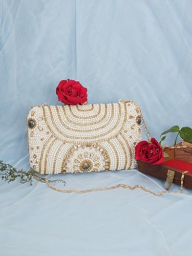 FABBHUE Women's White & Gold Beaded Hand Embroidered Party/wedding/Ethnic Box Clutch Bag Frame Purse with shoulder chain strap - Image 3