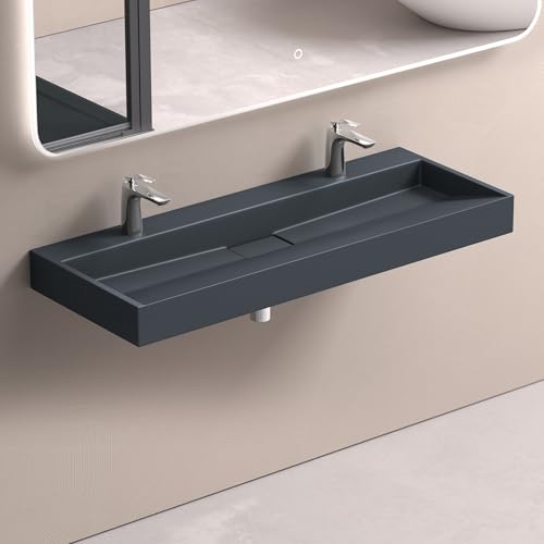 doporro Lavabo Suspendu avec Bonde Vasque à Poser Gris Noir Mat 120x46x11cm Lave Mains avec 2...