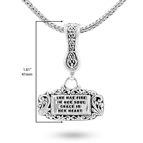 Sarda .925 Sterling Silver 1-5/8" X 1-1/8""She Has Fire In Her Soul Grace In Her Heart" Filigree Rectangle Enhancer Pendant - Handmade By Bali Artisans #TOP1