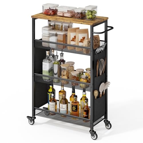 Xbro Carro de cocina de 4 niveles para espacios estrechos, de madera de densidad media, con bolsillos laterales sobre ruedas de metal, para cocina, dormitorio y salón, color negro