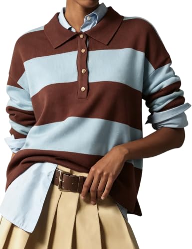 Polo Sweater Women Rugby Shirt Striped Collared Sweaters,BlueCoffe,M