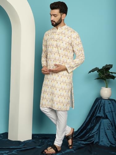 Image of SOJANYA (Since 1958 Men's Cotton Embroidered Printed Kurta & White Pyjama Set