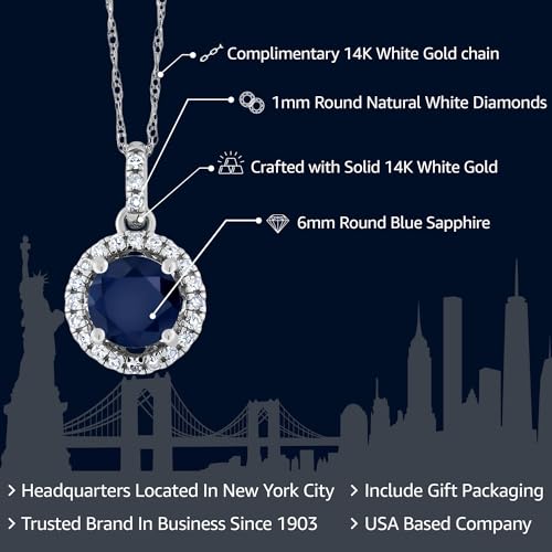 Gem Stone King 14K White Gold Blue Sapphire and Diamond Pendant Necklace For Women (1.17 Cttw, Round Cut 6MM, Gemstone Birthstone, with 18 Inch Chain)2